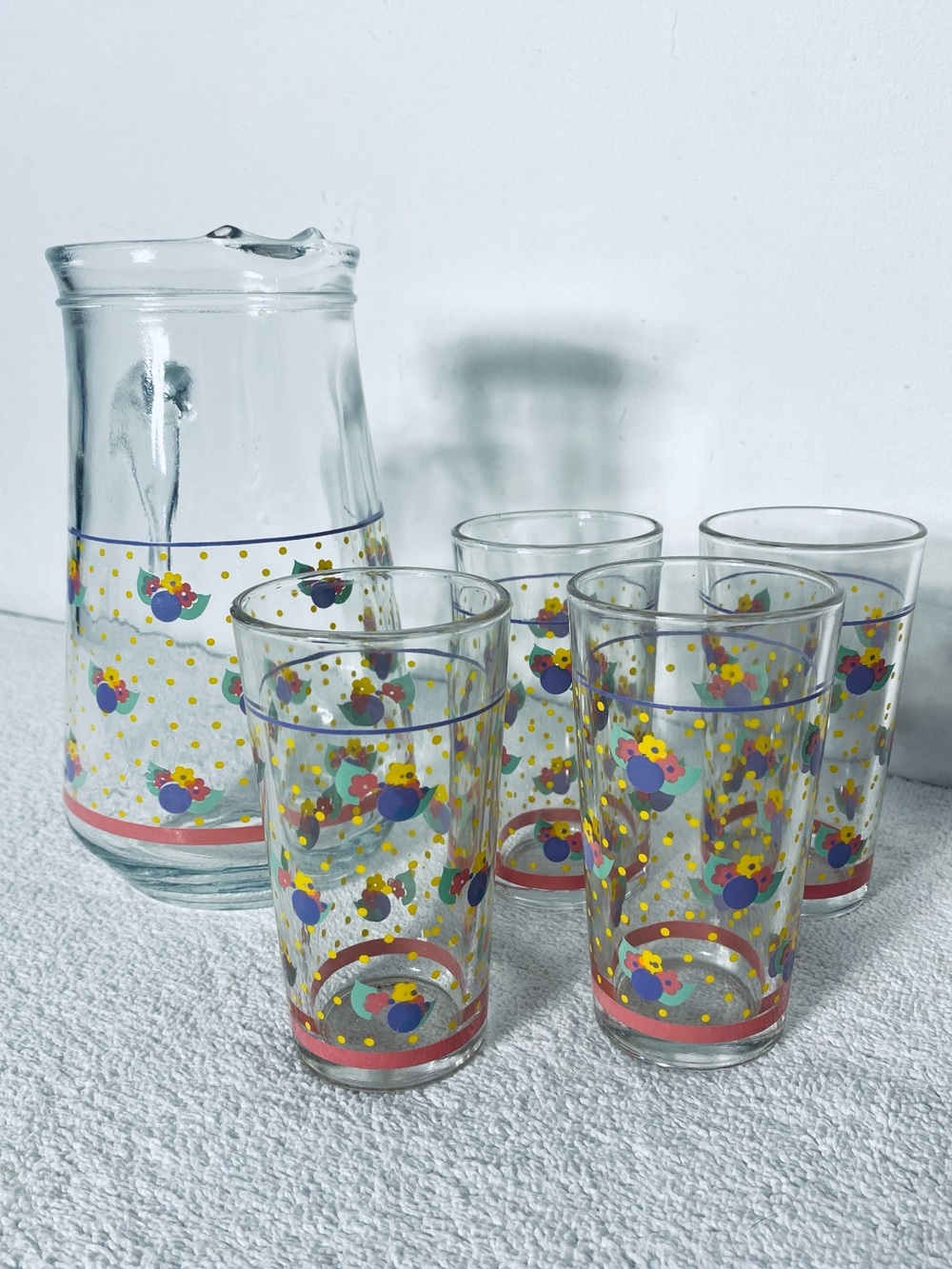 Vintage Italian Hand Painted Floral Polka Dot Glass Pitcher Drinkware Set 5pcs